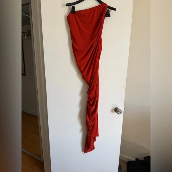 Norma Kamali Red/Orange Cinnamon Diana Gown Midi One Shoulder Dress size S/36 - Picture 7 of 9